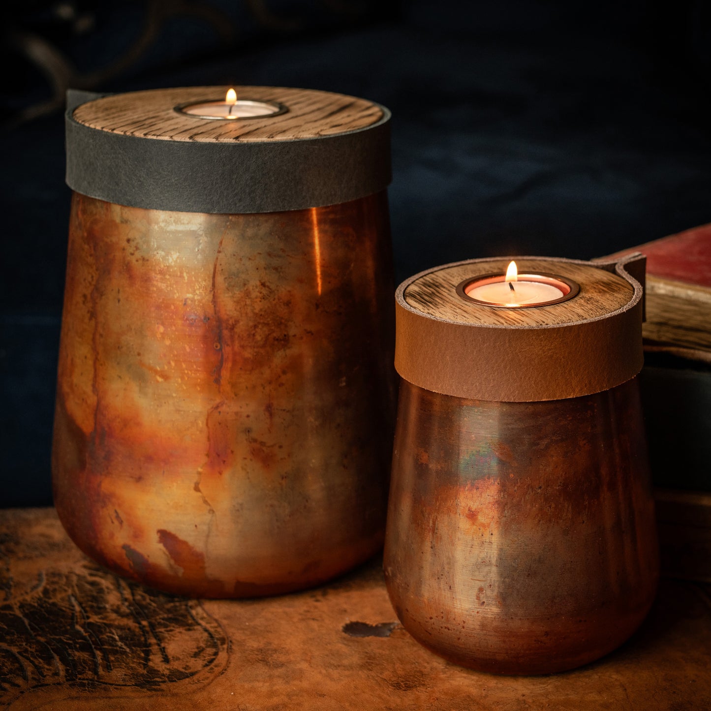 Human or Pet Urn For Ashes, Distressed Copper, Large Size, Modern Candle Urn, Personalise, Handmade, Cognac Brown Leather