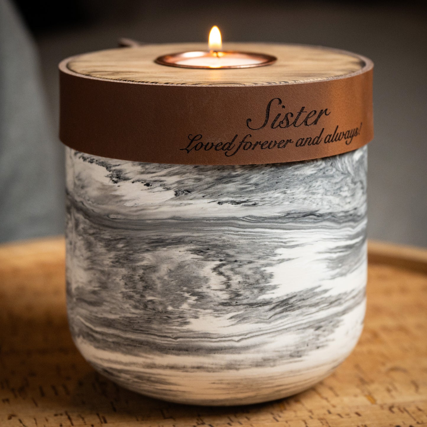 Human or Pet Urn for Cremation Ashes, Small Size, Grey Marble Jesmonite with Cognac Leather,  Personalise