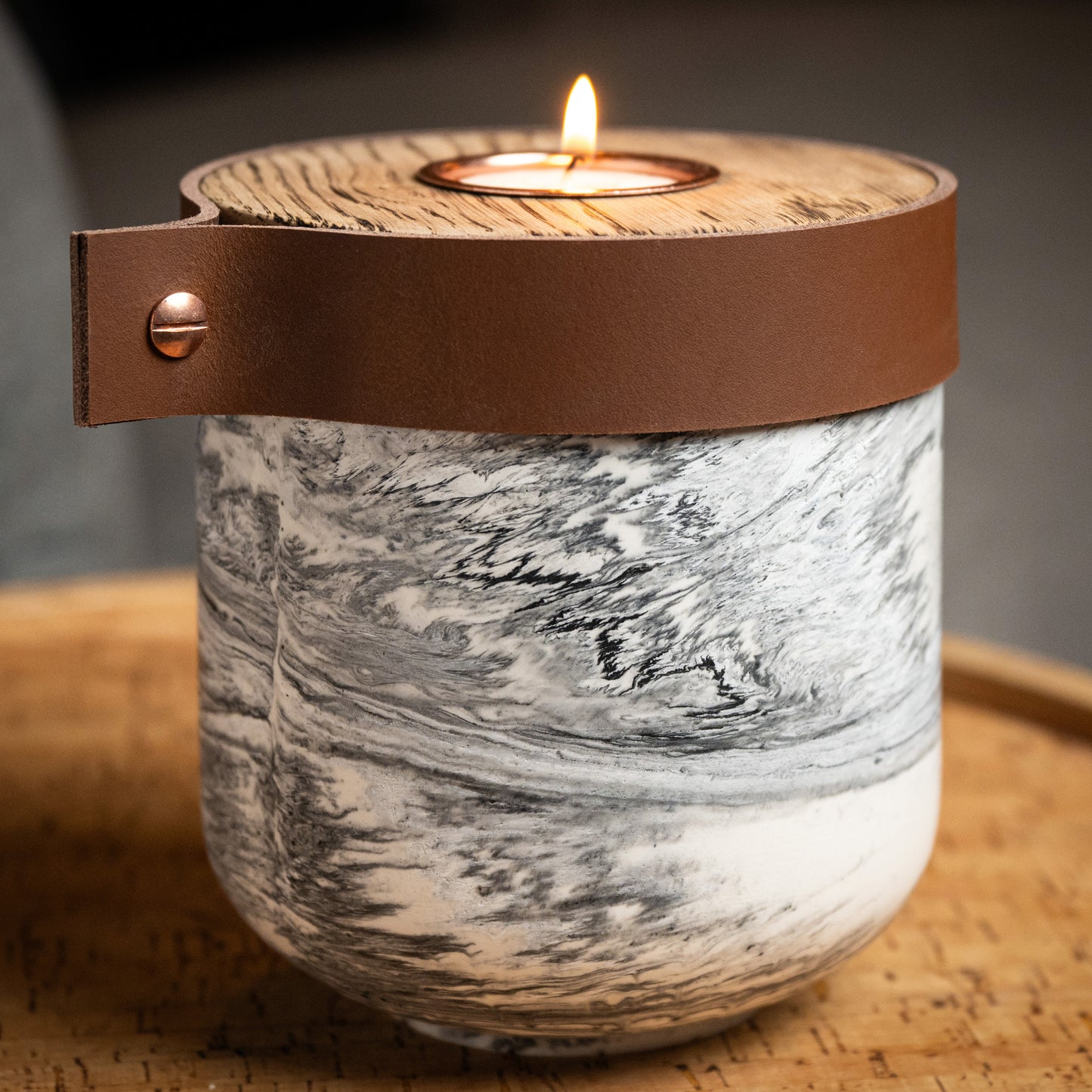 Human or Pet Urn for Cremation Ashes, Small Size, Grey Marble Jesmonite with Cognac Leather,  Personalise