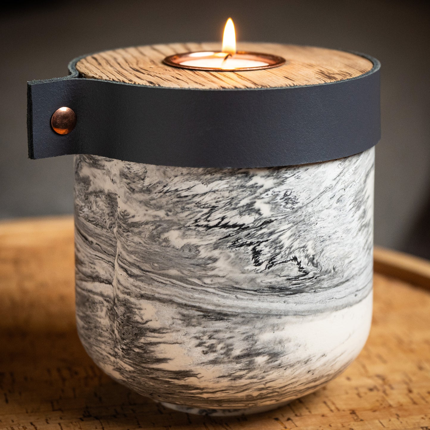 Human or Pet Urn for Cremation Ashes, Small Size, Grey Marble Jesmonite with Smoke Grey Leather,  Personalise