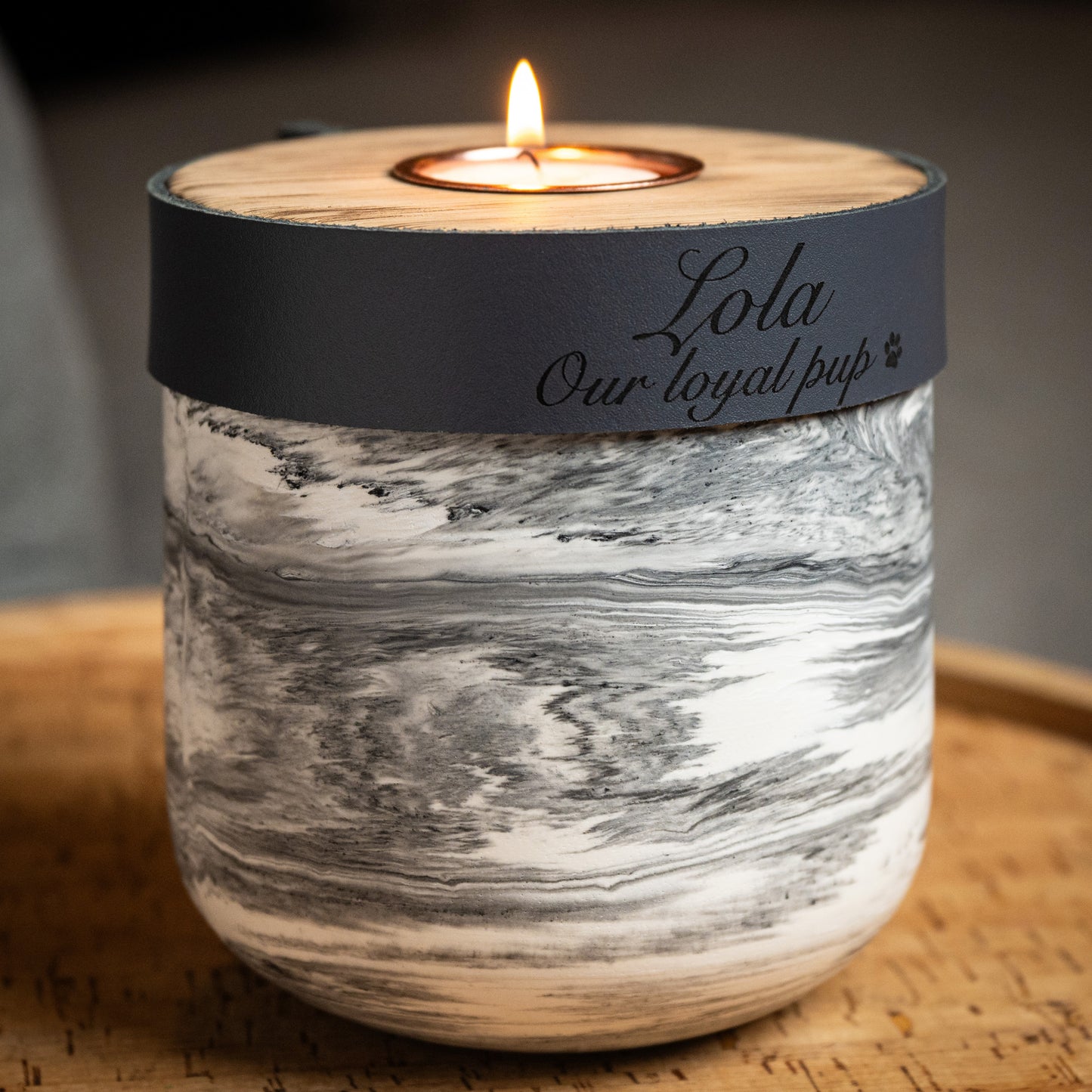 Human or Pet Urn for Cremation Ashes, Small Size, Grey Marble Jesmonite with Smoke Grey Leather,  Personalise