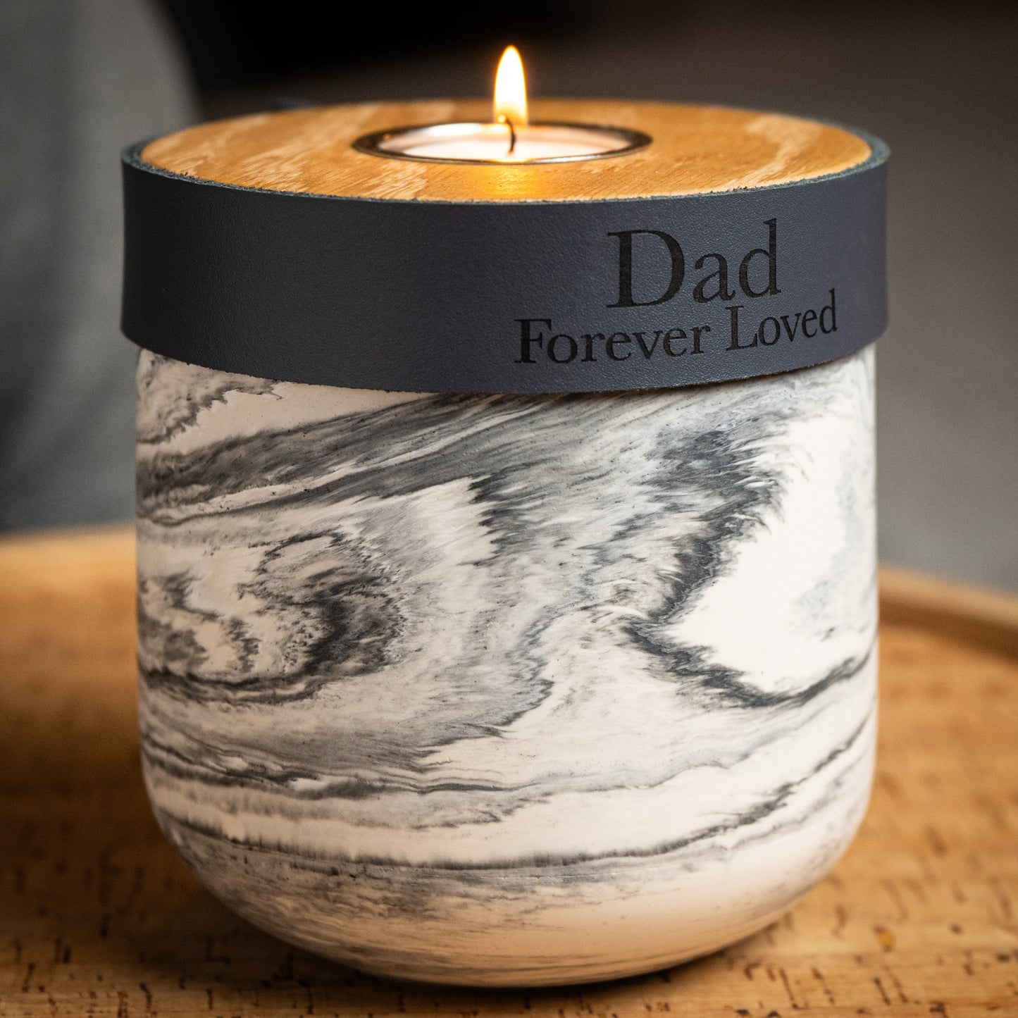 Human or Pet Urn for Cremation Ashes, Small Size, Grey Marble Jesmonite with Smoke Grey Leather,  Personalise