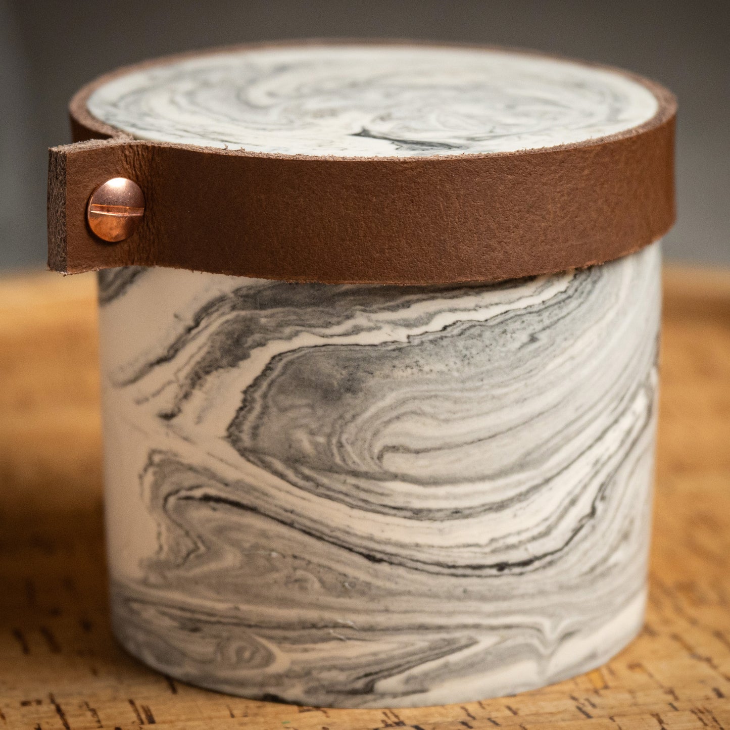 Human or Pet Extra Small Urn, Grey Marble Jesmonite with Cognac Leather, Holds up to 7kg Pre Cremation Weight, Handmade, Personalise (Copy)