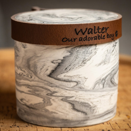 Human or Pet Extra Small Urn, Grey Marble Jesmonite with Cognac Leather, Holds up to 7kg Pre Cremation Weight, Handmade, Personalise (Copy)