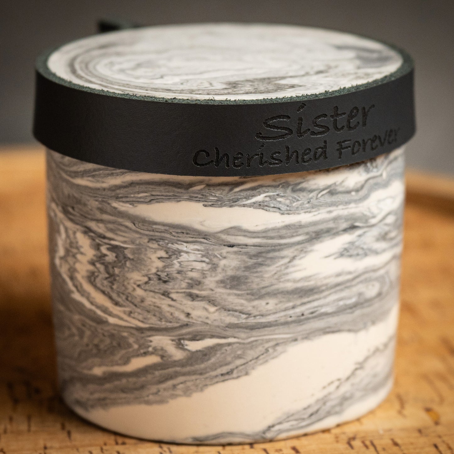 Human or Pet Extra Small Urn, Grey Marble Jesmonite with Smoke Grey Leather, Holds up to 7kg Pre Cremation Weight, Handmade, Personalise (Copy) (Copy)