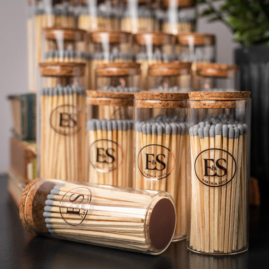Luxury Long Matches in a Glass Jar with Strike Pad, Ideal Gift or Accessory, Natural With Grey Tip