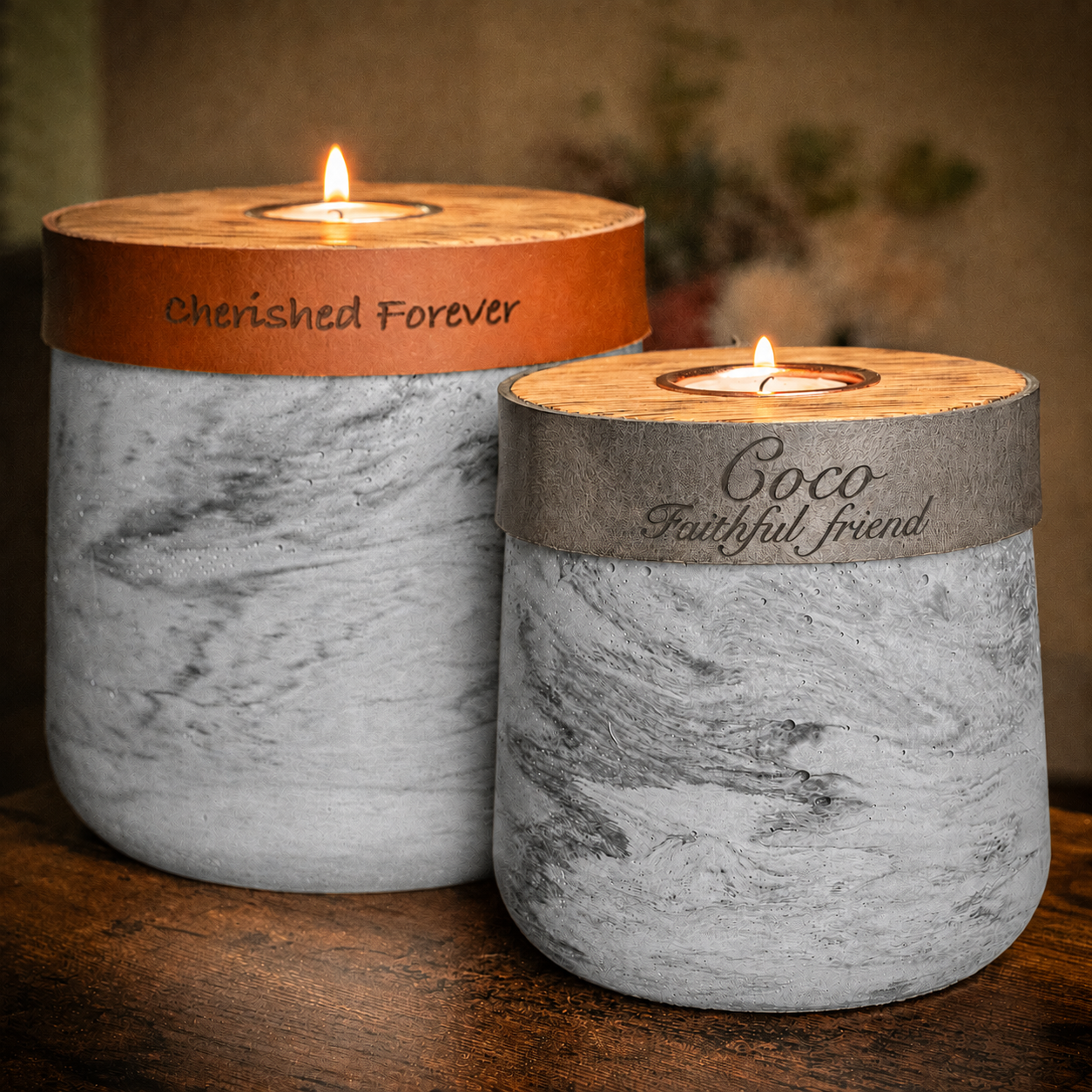 Large Handmade Grey Marble Concrete Urn for Human or Pet Ashes - Personalized Leather