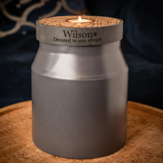 Human or Pet Urn for Cremation Ashes, Large Size, Ceramic, Handmade, Modern Candle Urn, Personalise, Slate Grey with Smoke Grey Leather