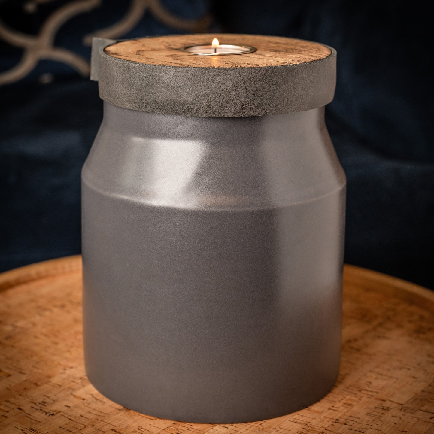 Human or Pet Urn for Cremation Ashes, Large Size, Ceramic, Handmade, Modern Candle Urn, Personalise, Slate Grey with Smoke Grey Leather