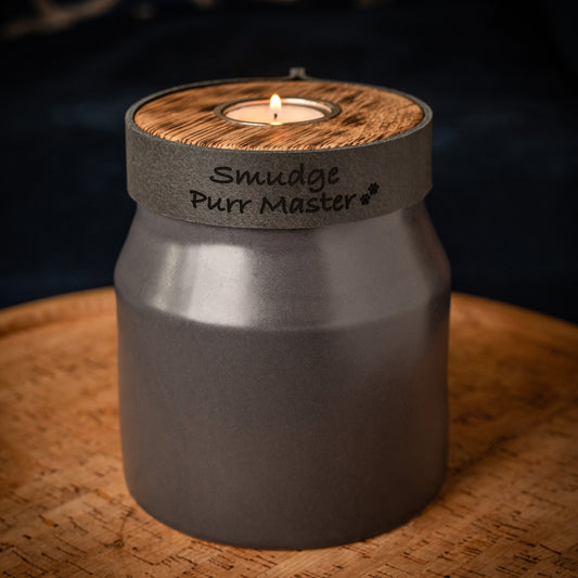 Human or Pet Urn for Cremation Ashes, Medium Size, Ceramic, Handmade, Modern Candle Urn, Personalise, Slate Grey with Smoke Grey Leather