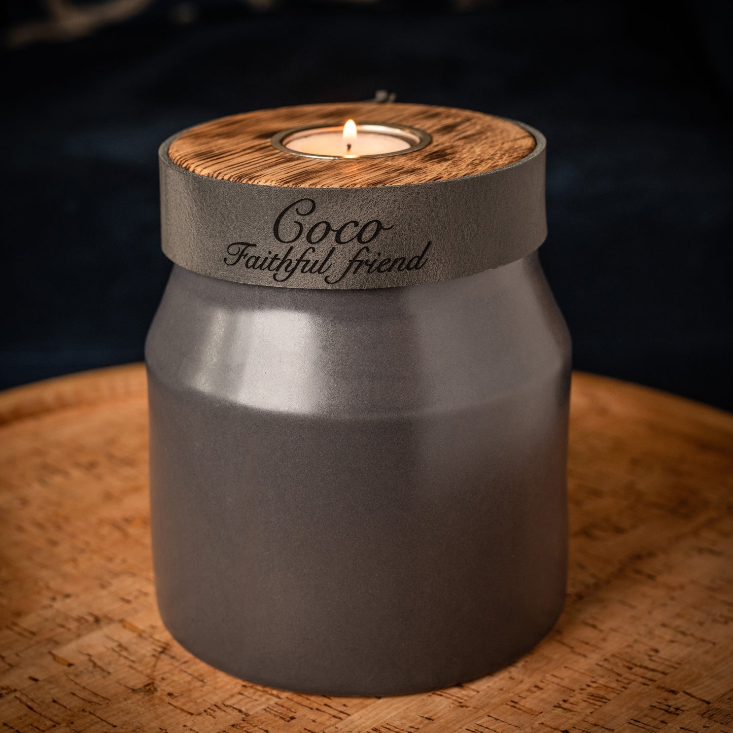Human or Pet Urn for Cremation Ashes, Medium Size, Ceramic, Handmade, Modern Candle Urn, Personalise, Slate Grey with Smoke Grey Leather
