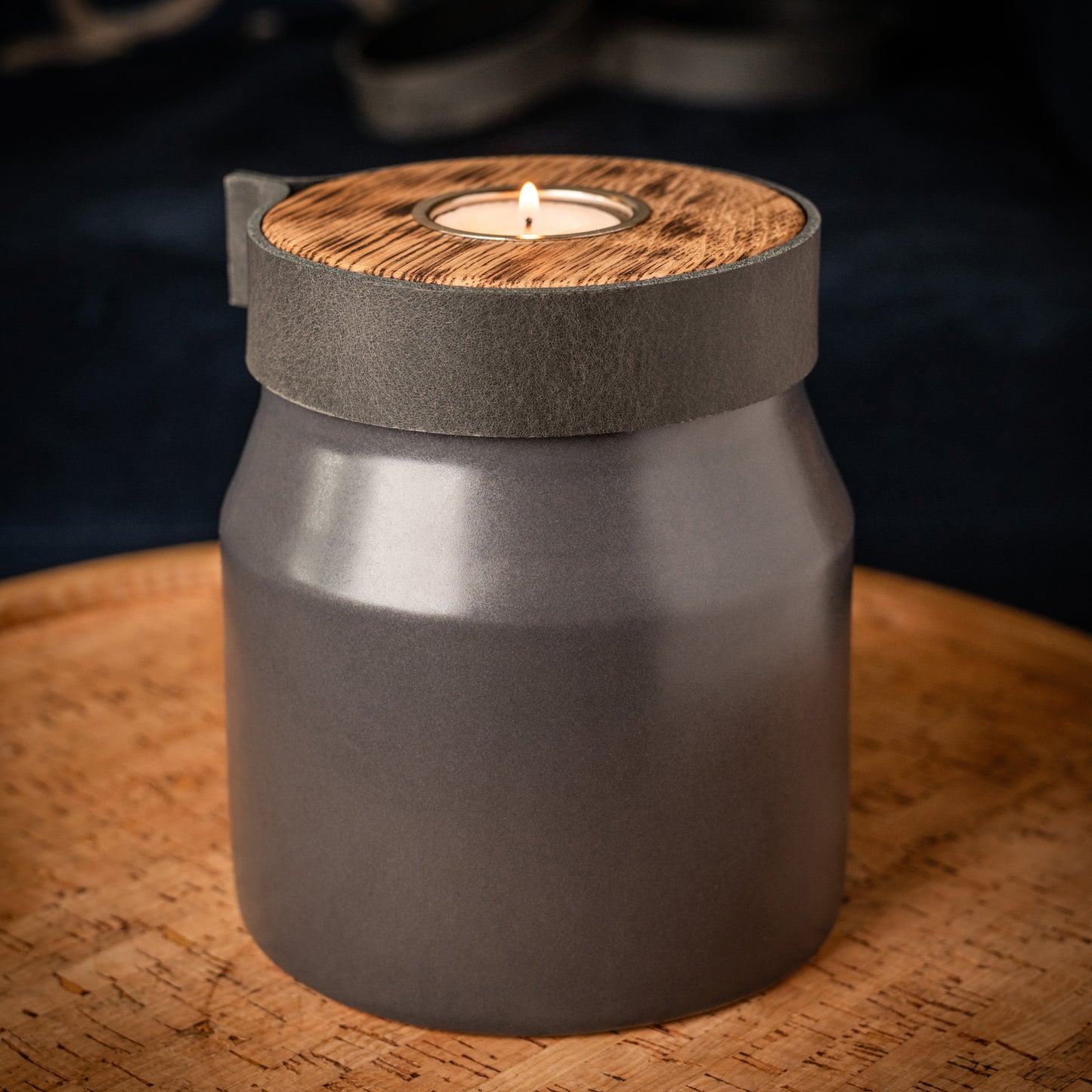 Human or Pet Urn for Cremation Ashes, Medium Size, Ceramic, Handmade, Modern Candle Urn, Personalise, Slate Grey with Smoke Grey Leather