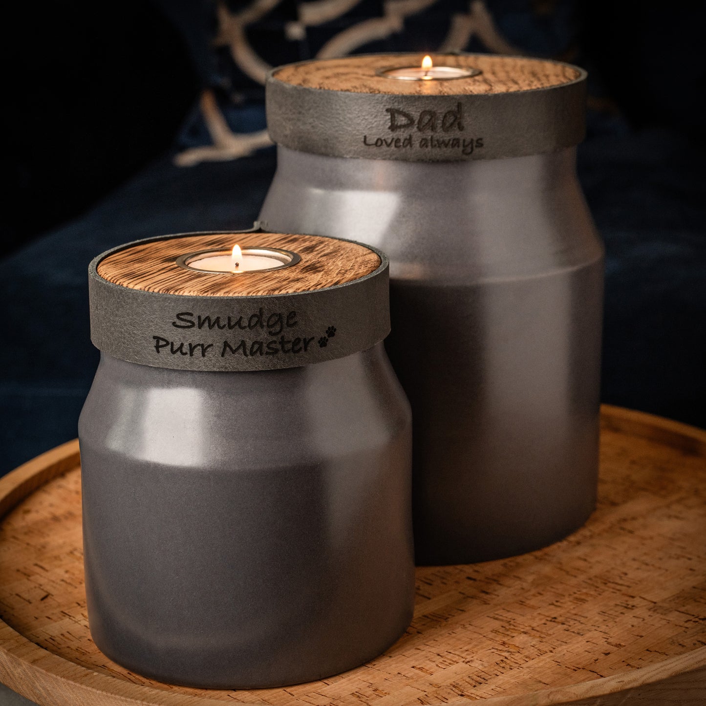 Human or Pet Urn for Cremation Ashes, Medium Size, Ceramic, Handmade, Modern Candle Urn, Personalise, Slate Grey with Smoke Grey Leather