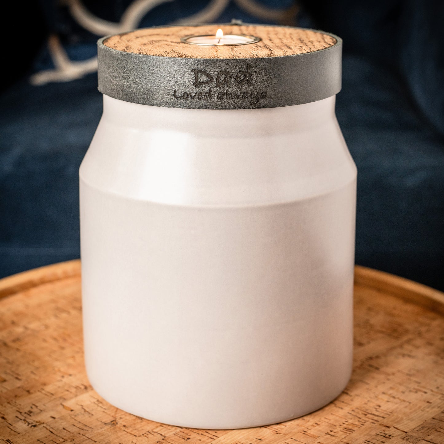 Human or Pet Urn for Cremation Ashes, Large Size, Ceramic, Handmade, Modern Candle Urn, Personalise, Mist Grey with Smoke Grey Leather