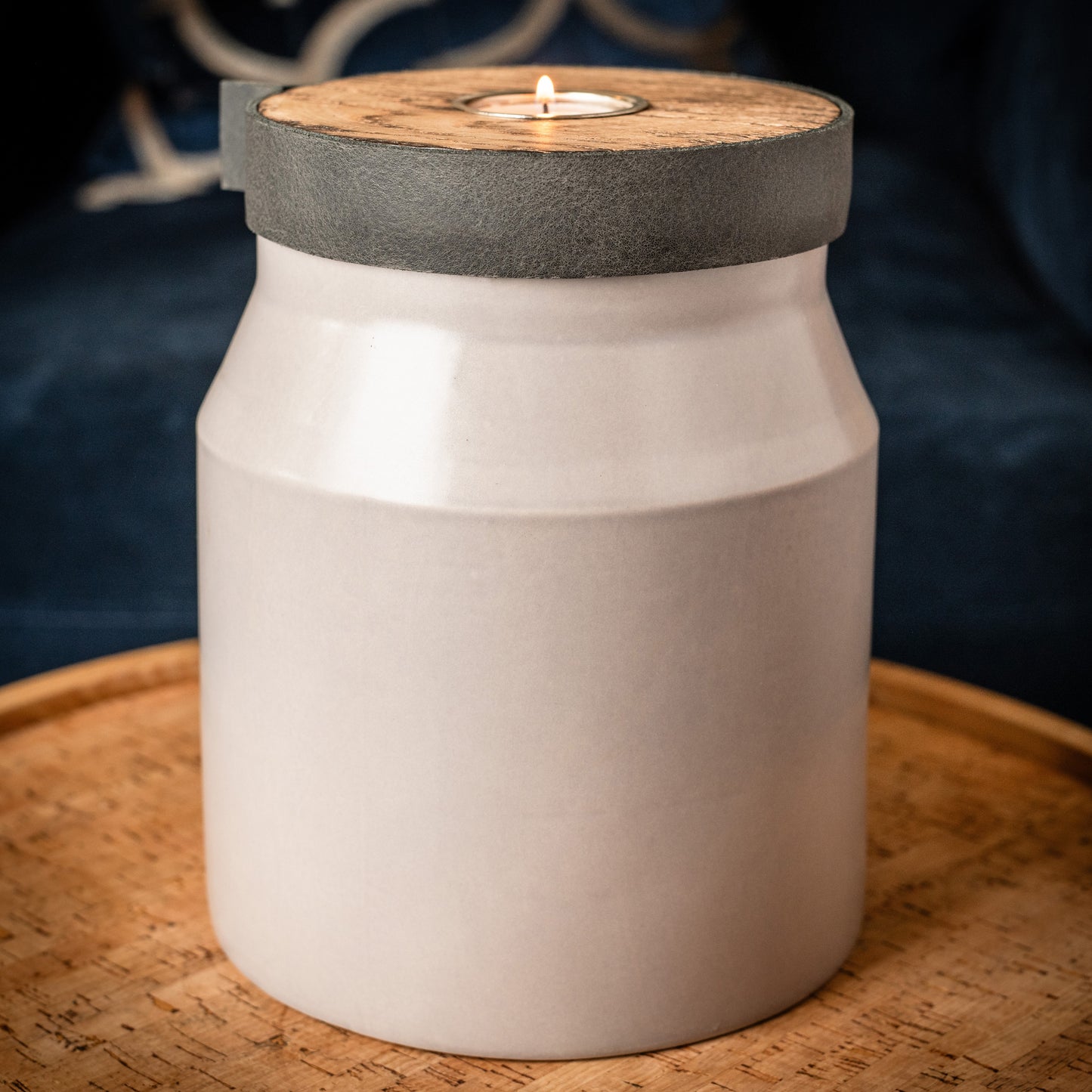Human or Pet Urn for Cremation Ashes, Large Size, Ceramic, Handmade, Modern Candle Urn, Personalise, Mist Grey with Smoke Grey Leather