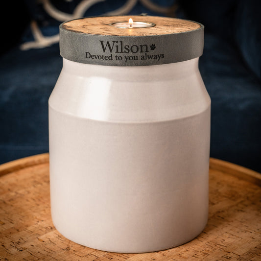 Human or Pet Urn for Cremation Ashes, Large Size, Ceramic, Handmade, Modern Candle Urn, Personalise, Mist Grey with Smoke Grey Leather