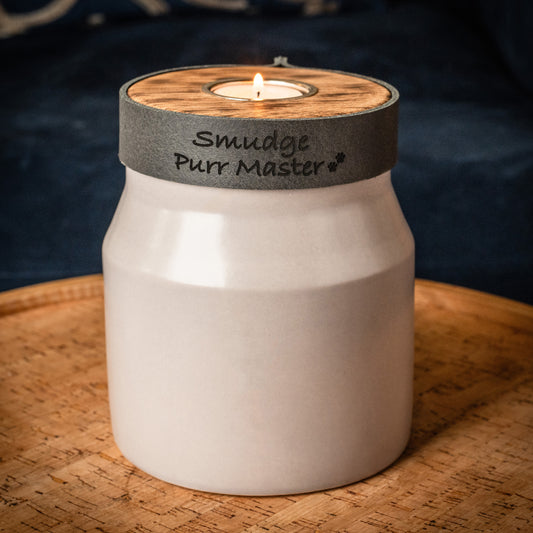 Human or Pet Urn for Cremation Ashes, Medium Size, Ceramic, Handmade, Modern Candle Urn, Personalise, Mist Grey with Smoke Grey Leather