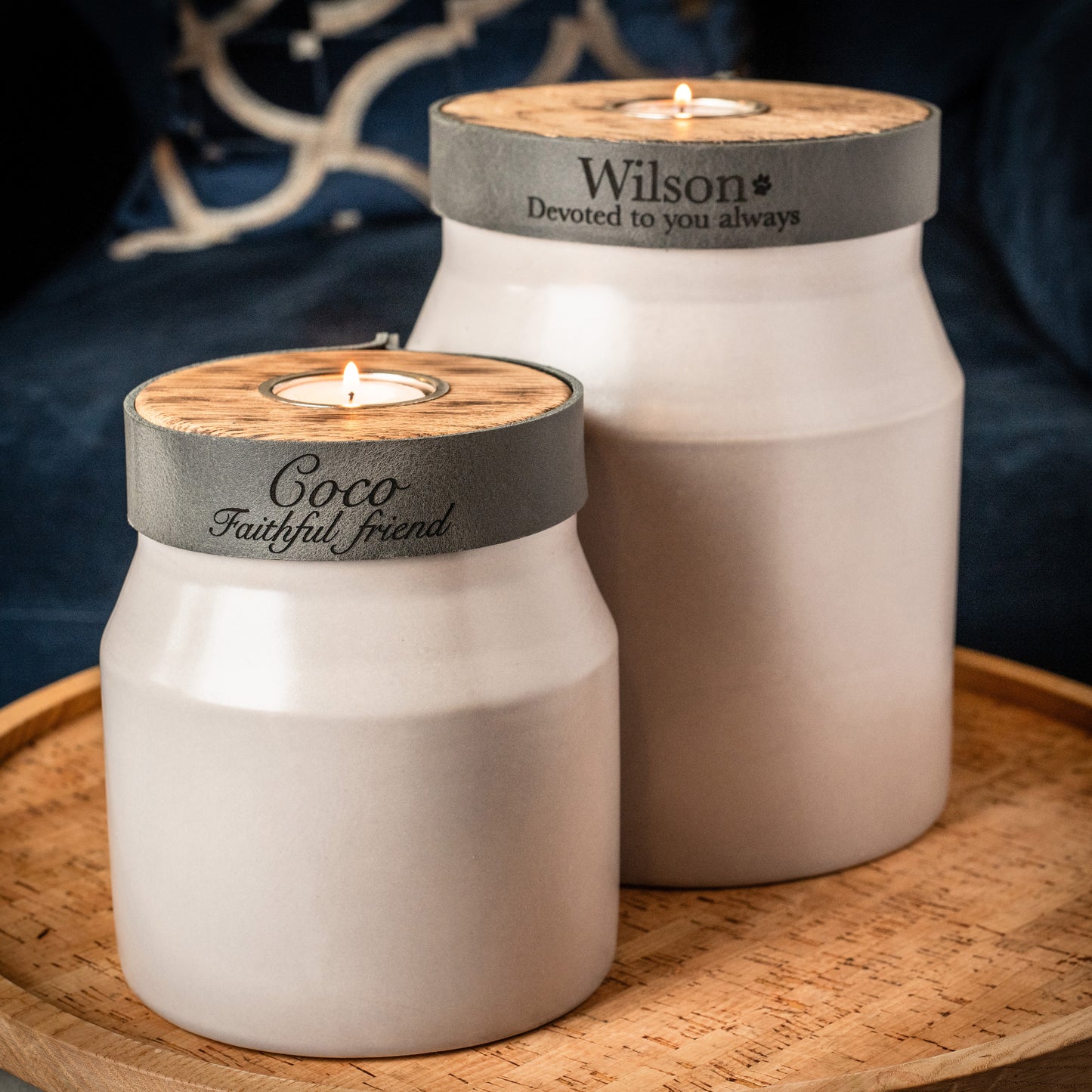 Human or Pet Urn for Cremation Ashes, Large Size, Ceramic, Handmade, Modern Candle Urn, Personalise, Mist Grey with Smoke Grey Leather