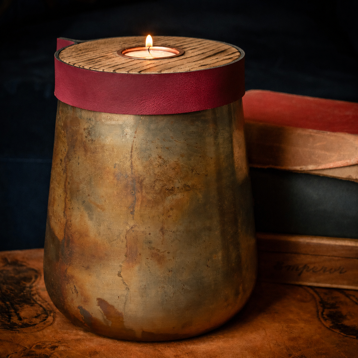 Industrial Antique Copper Urn for Human or Pet Ashes – Large, Personalized with Burgundy Leather (Copy)