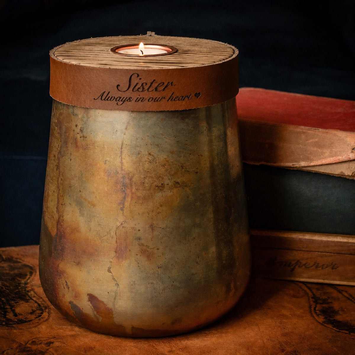Industrial Antique Copper Urn for Human or Pet Ashes – Large, Personalized with Cognac Leather
