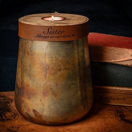Industrial Antique Copper Urn for Human or Pet Ashes – Large, Personalized with Cognac Leather