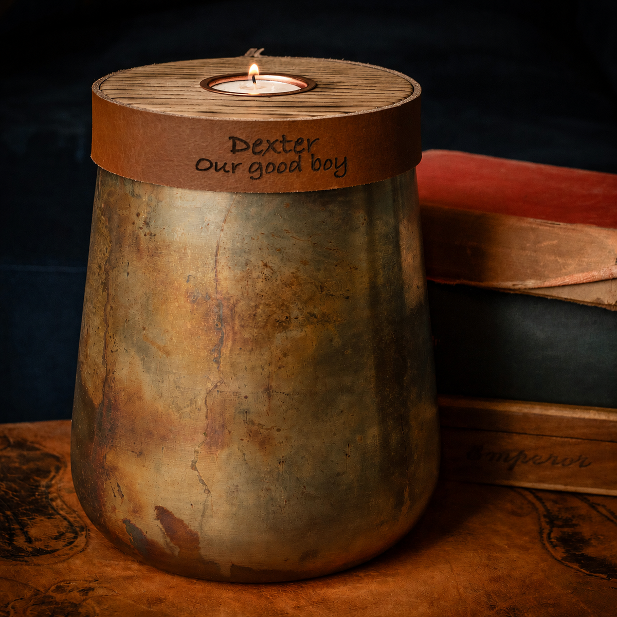 Industrial Antique Copper Urn for Human or Pet Ashes – Large, Personalized with Cognac Leather