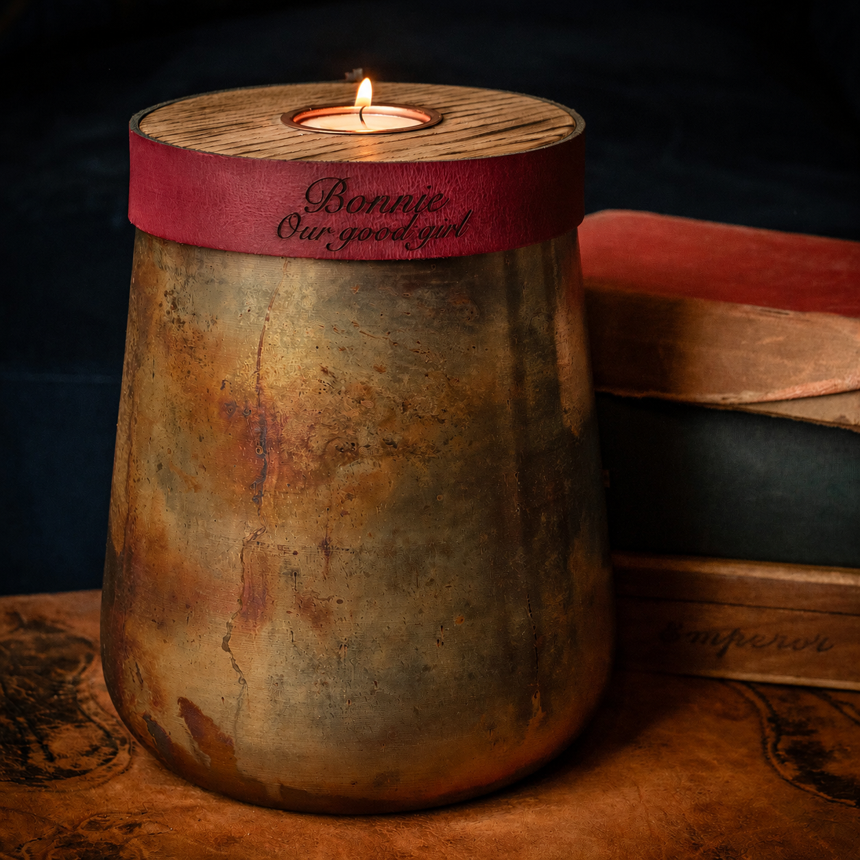 Industrial Antique Copper Urn for Human or Pet Ashes – Large, Personalized with Burgundy Leather (Copy)