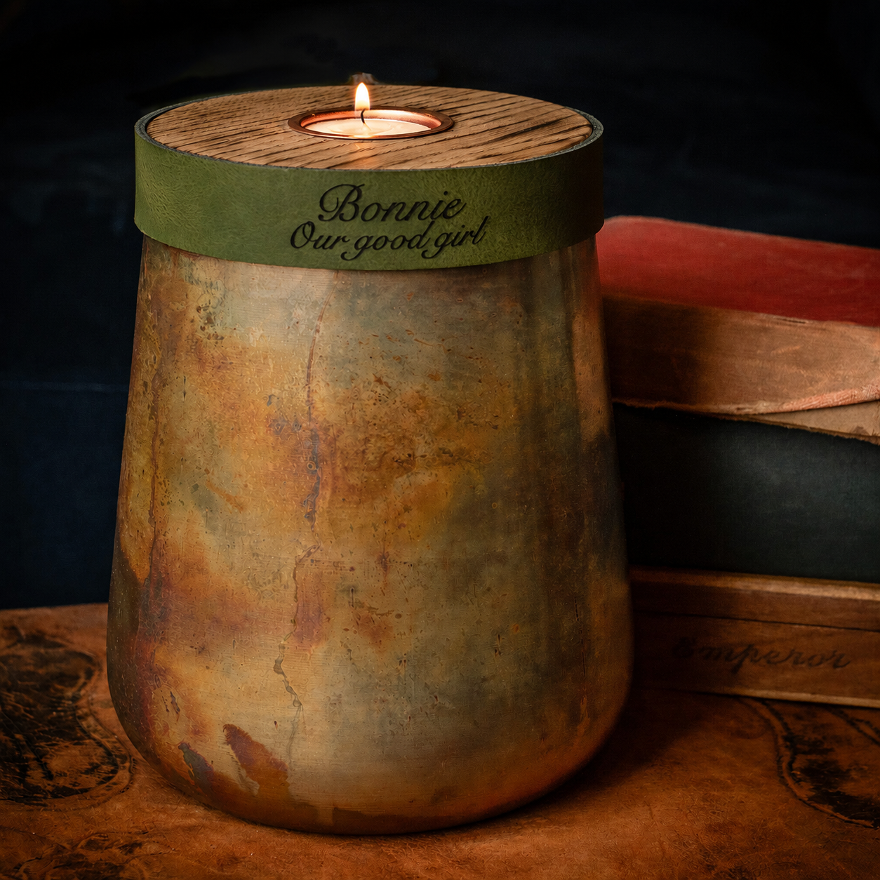 Industrial Antique Copper Urn for Human or Pet Ashes – Large, Personalized with Racing Green Leather