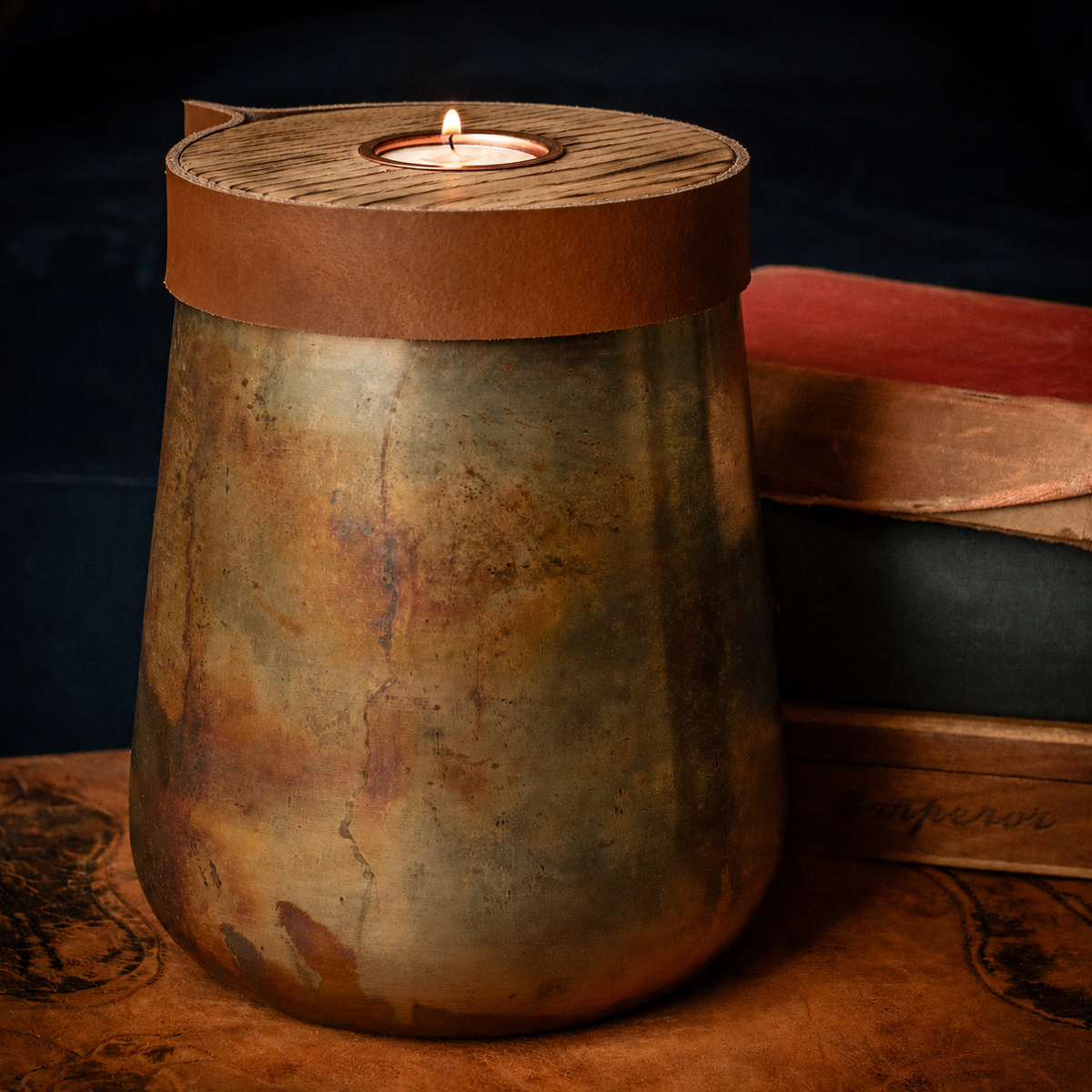 Industrial Antique Copper Urn for Human or Pet Ashes – Large, Personalized with Cognac Leather