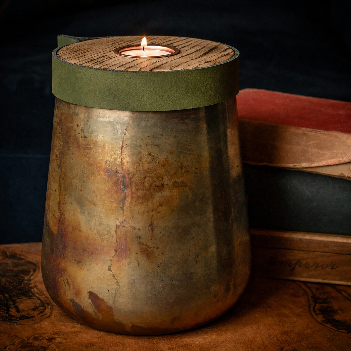 Industrial Antique Copper Urn for Human or Pet Ashes – Large, Personalized with Racing Green Leather