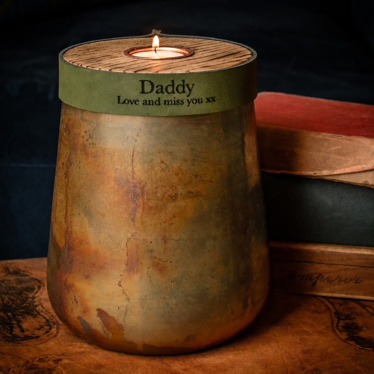 Industrial Antique Copper Urn for Human or Pet Ashes – Large, Personalized with Racing Green Leather