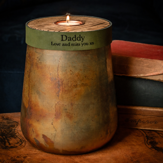 Industrial Antique Copper Urn for Human or Pet Ashes – Large, Personalized with Racing Green Leather