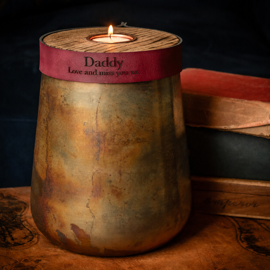 Industrial Antique Copper Urn for Human or Pet Ashes – Large, Personalized with Burgundy Leather