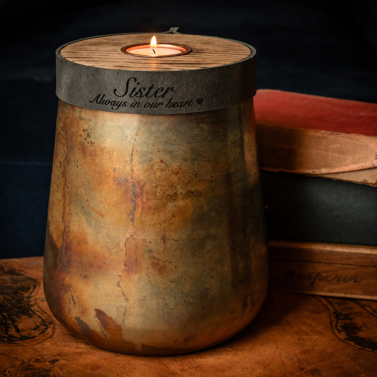Industrial Antique Copper Urn for Human or Pet Ashes – Large, Personalized with Smoke Grey Leather