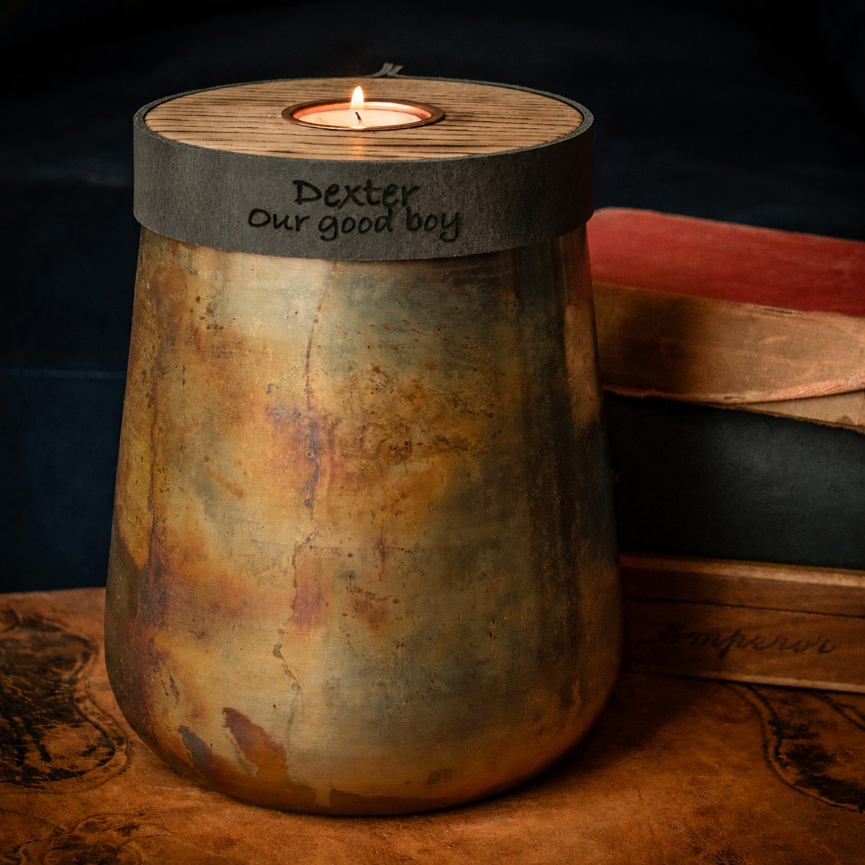 Industrial Antique Copper Urn for Human or Pet Ashes – Large, Personalized with Smoke Grey Leather