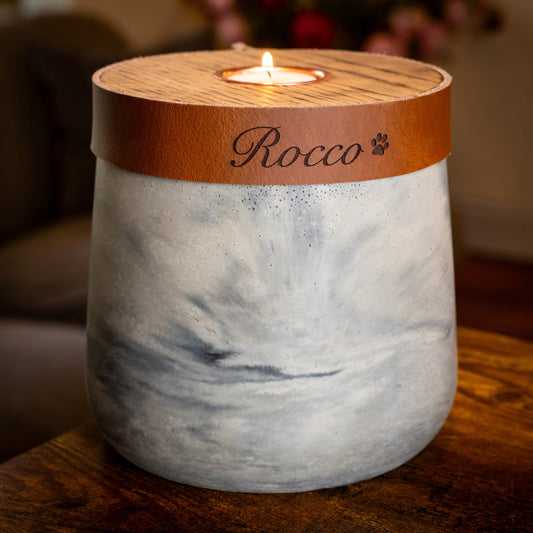 Human or Pet Urn For Ashes, Modern Candle Urn, Medium Size, Personalise, Handmade in the UK, Grey Marble with Cognac Brown Leather