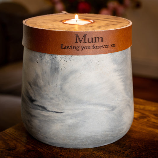 Human or Pet Urn For Ashes, Modern Candle Urn, Medium Size, Personalise, Handmade in the UK, Grey Marble with Cognac Brown Leather