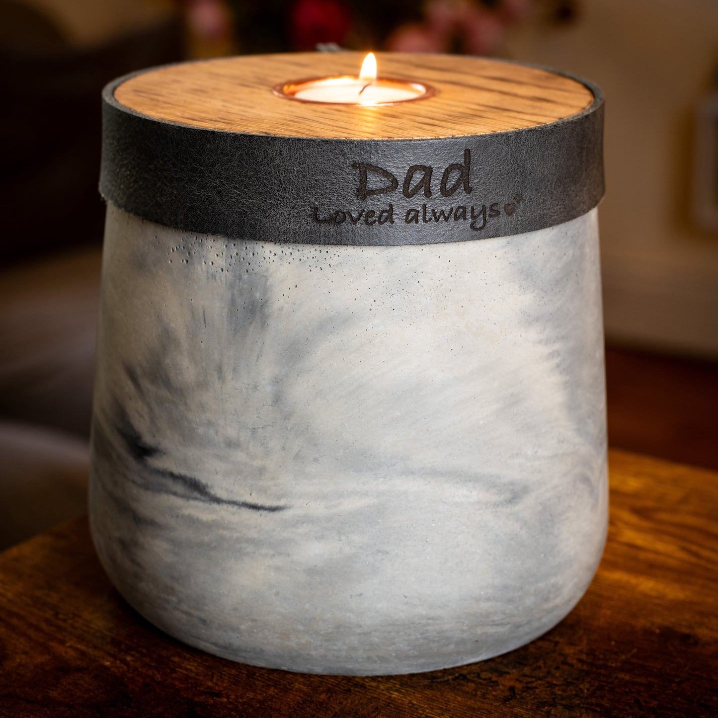 Human or Pet Urn For Ashes, Modern Candle Urn, Medium Size, Personalise, Handmade in the UK, Grey Marble with Smoke Grey Leather