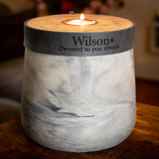Human or Pet Urn For Ashes, Modern Candle Urn, Medium Size, Personalise, Handmade in the UK, Grey Marble with Smoke Grey Leather
