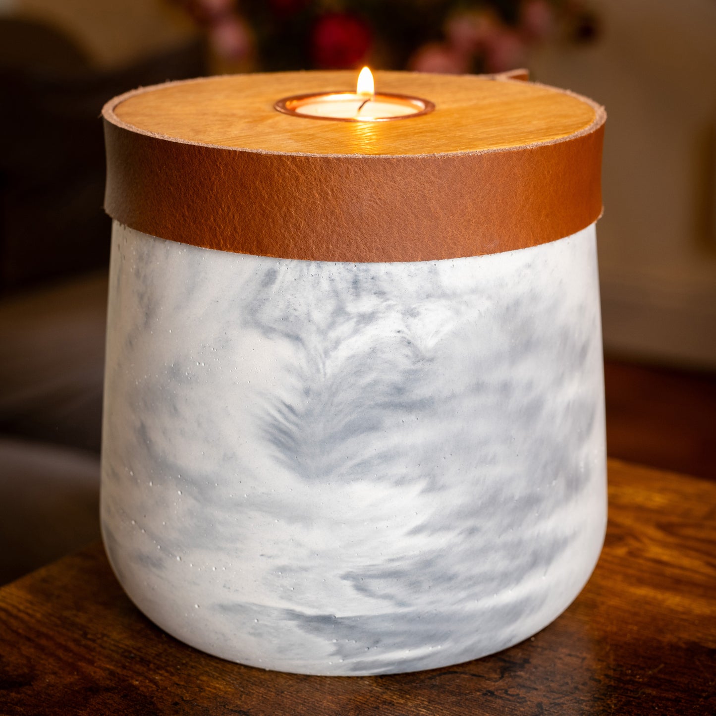Large Handmade White Marble Concrete Urn for Human or Pet Ashes - Personalized Leather