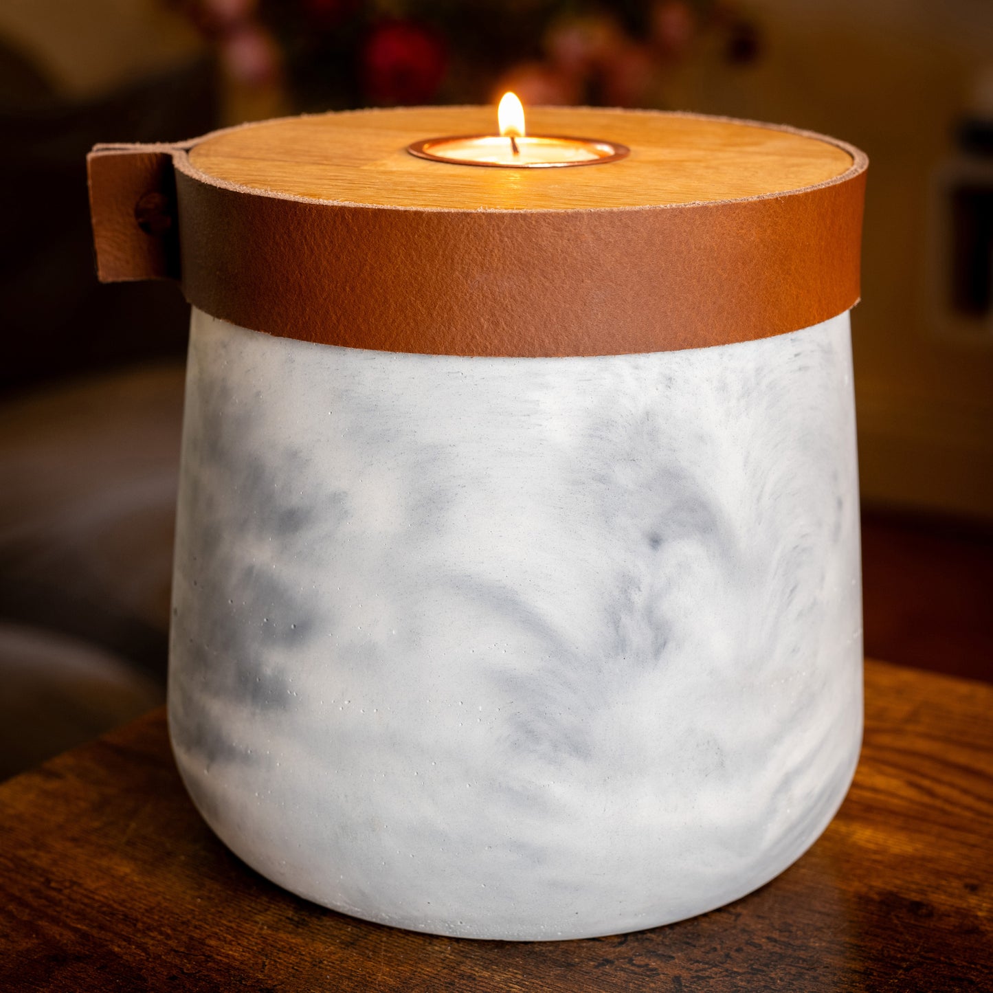 Large Handmade White Marble Concrete Urn for Human or Pet Ashes - Personalized Leather