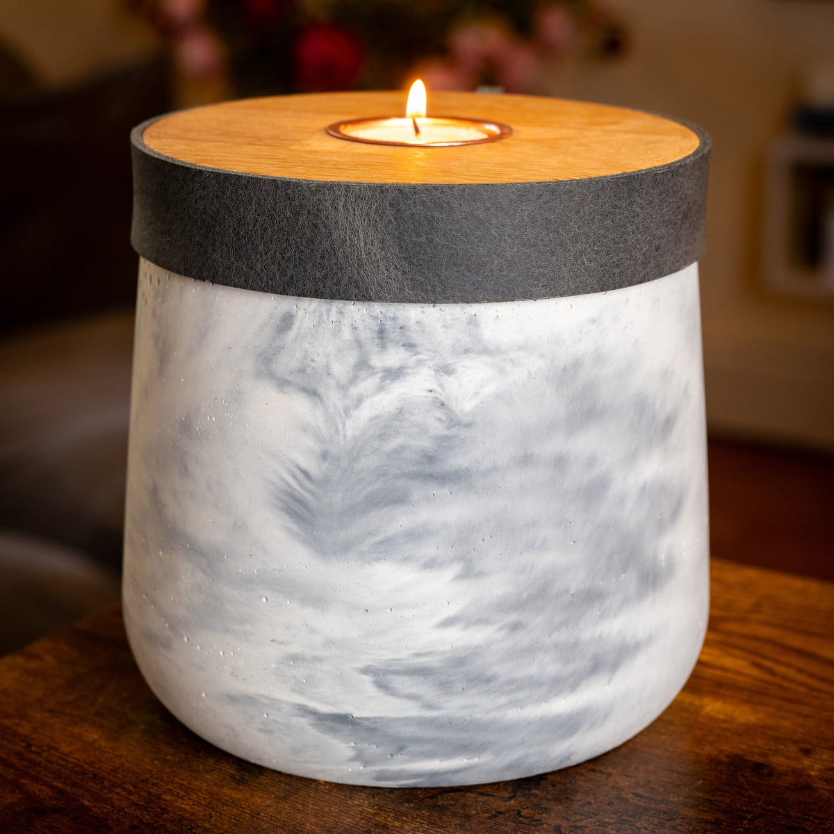 Large Handmade White Marble Concrete Urn for Human or Pet Ashes - Personalized Leather