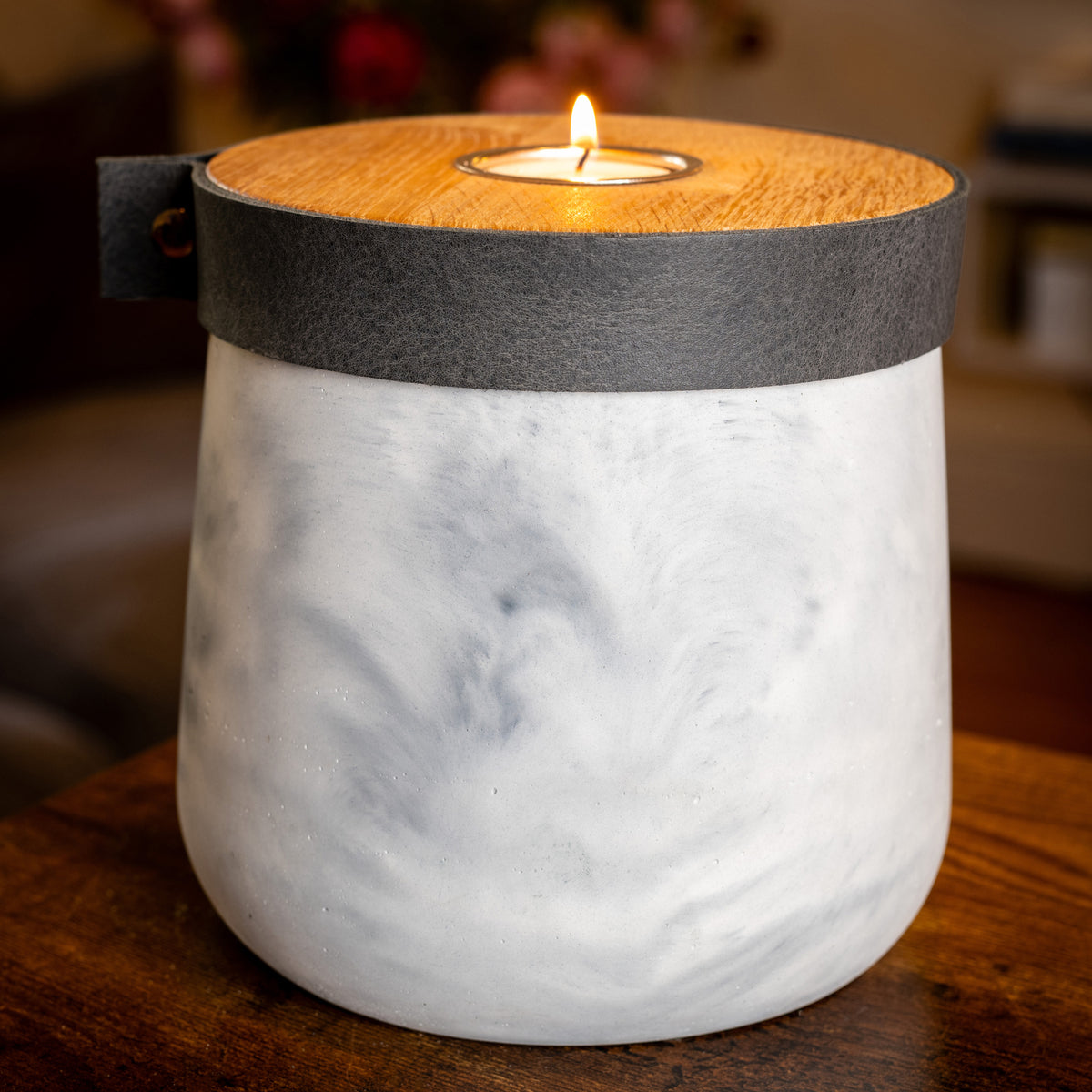 Large Handmade White Marble Concrete Urn for Human or Pet Ashes - Personalized Leather