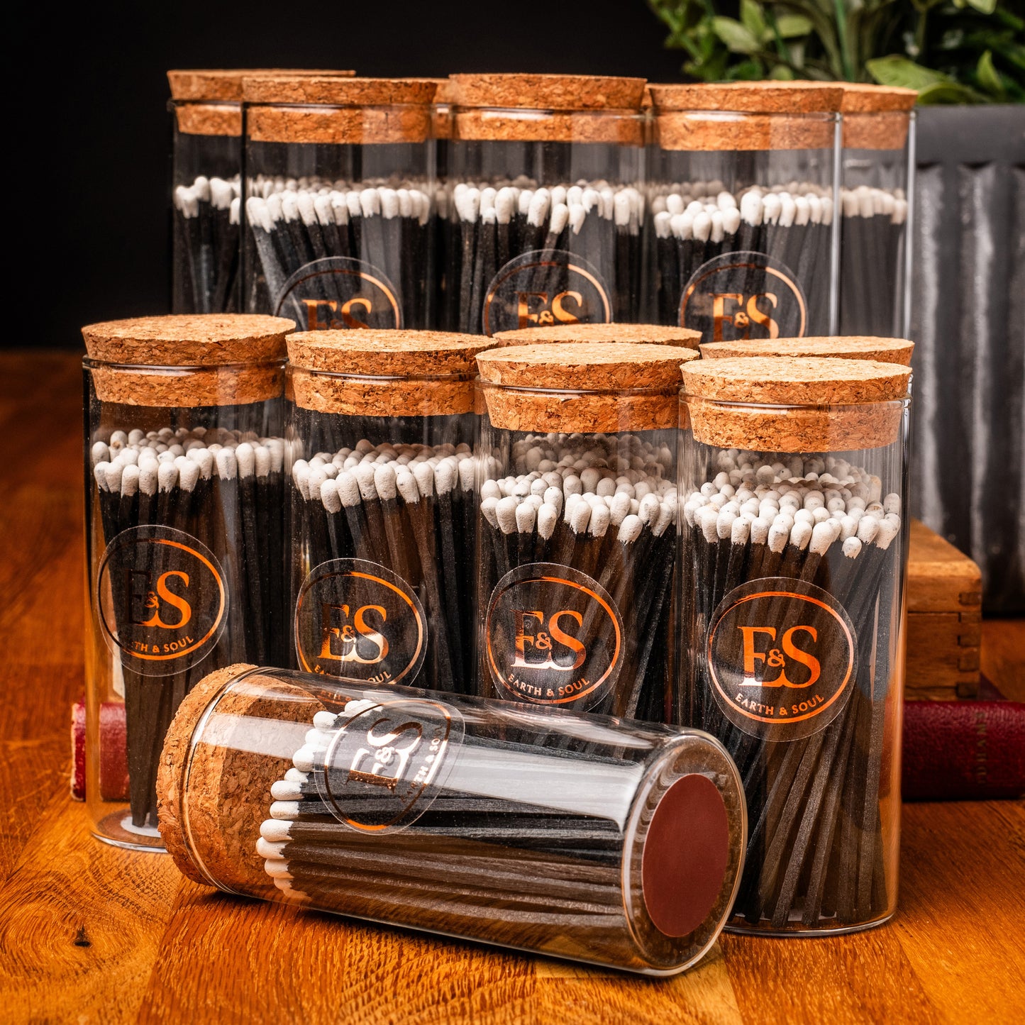 Luxury Long Matches in a Glass Jar with Strike Pad, Ideal Gift or Accessory, Black with White Tip