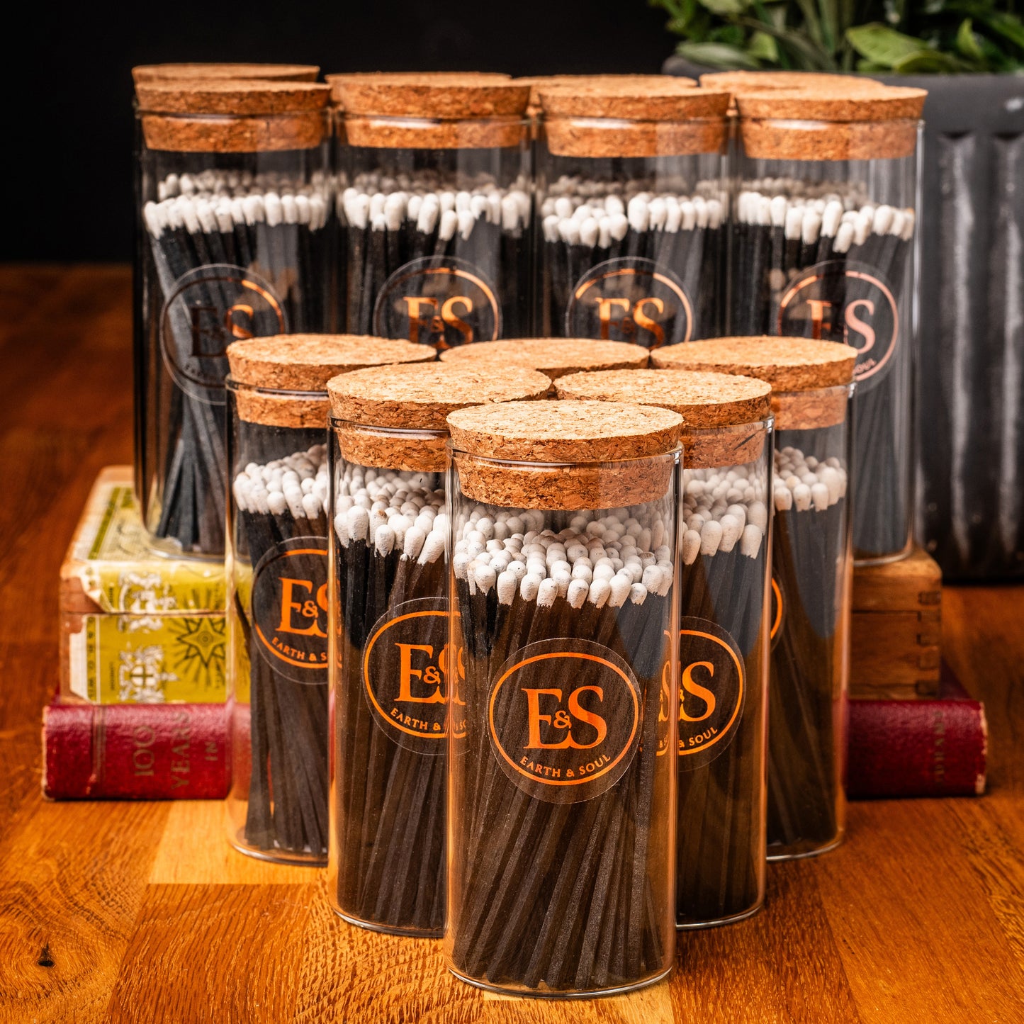 Luxury Long Matches in a Glass Jar with Strike Pad, Ideal Gift or Accessory, Black with White Tip