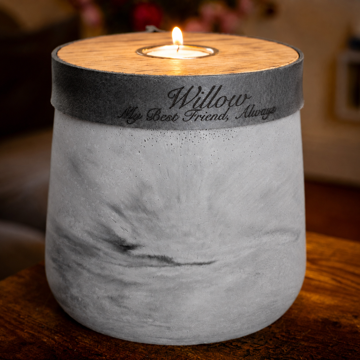 Large Handmade Grey Marble Concrete Urn for Human or Pet Ashes - Personalized Leather