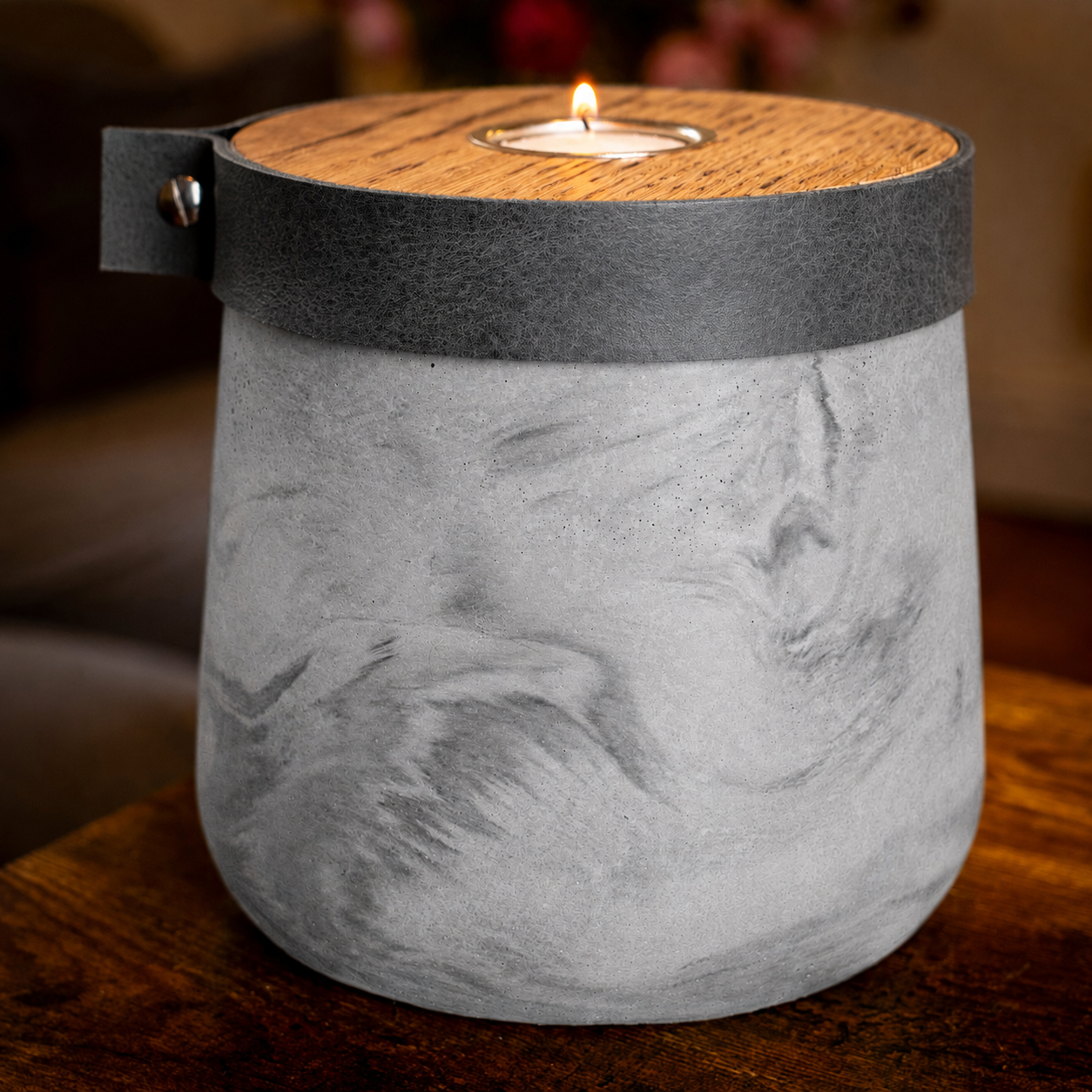 Large Handmade Grey Marble Concrete Urn for Human or Pet Ashes - Personalized Leather