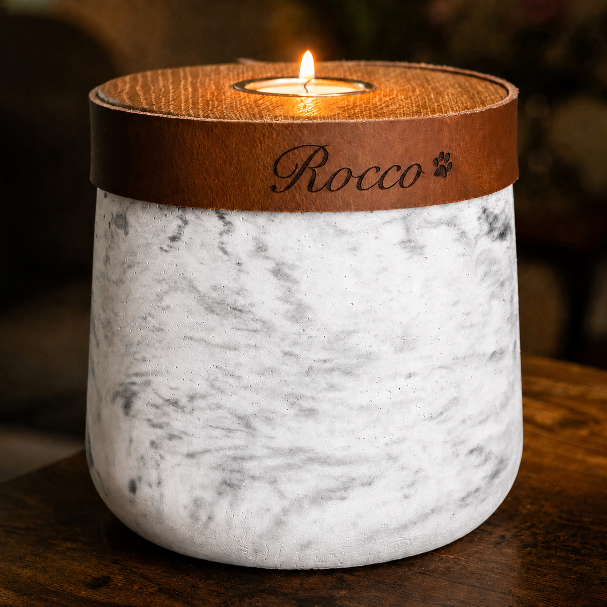 Large Handmade White Marble Concrete Urn for Human or Pet Ashes - Personalized Leather