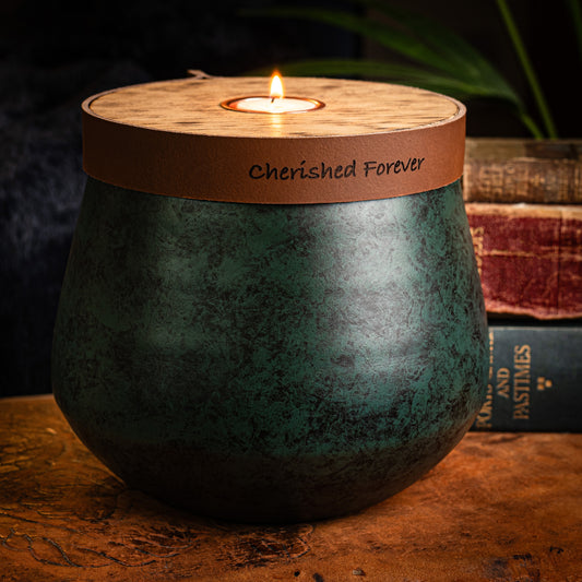 Human Urn for Cremation Ashes, Large Size for Full Ashes, Antique Emerald with Cognac Brown Leather. Personalised