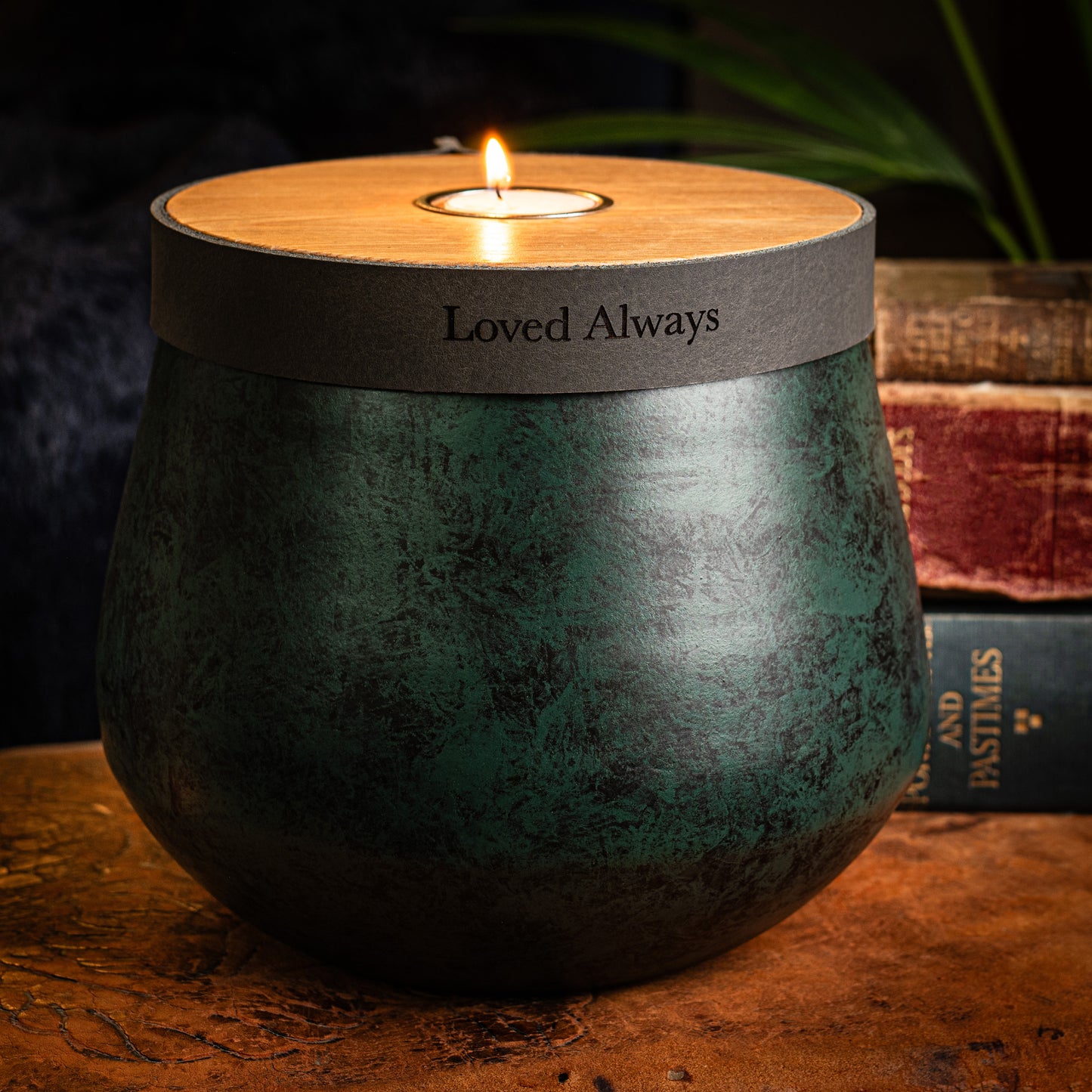 Human Urn for Cremation Ashes, Large Size for Full Ashes, Antique Emerald with Smoke Grey Leather. Personalised